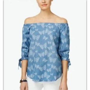 INC International Concepts Off-The-Shoulder Tie-Cuff Top Indigo 16